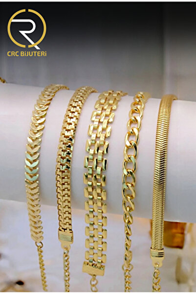 Crc Bijuteri Altın Kaplamalı 5'li Hasır & Balık Sırtı Detay Kadın Bileklik Kombini