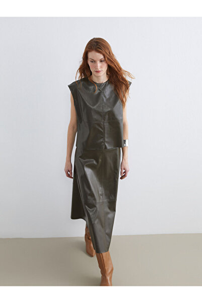 LC Waikiki Selections by Esvab Blouse with Oval Collar and Leather Look