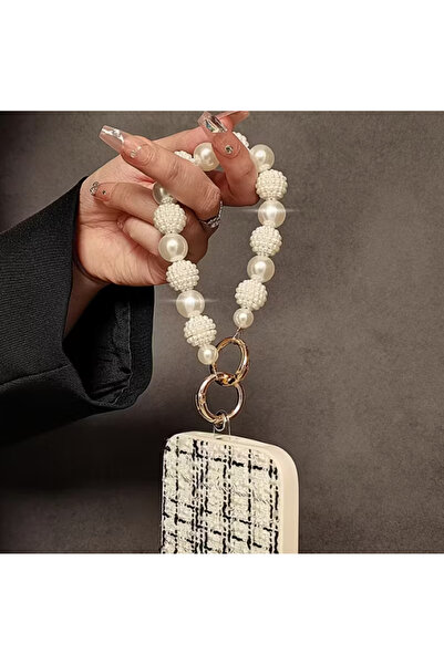 MAURA LIYUZA Beyaz Büyük İnci Taşlı Tasarım Kısa Telefon Askısı - 15 cm