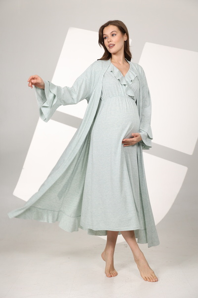 Nisy Collection Su Yeşili Kruvaze Sabahlıklı Lohusa Gecelik Takımı