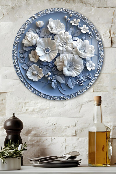 kutuTR 3D Görünümlü Temperli Cam Tablo – Mavi Çiçek Desenli Yuvarlak Duvar Sü...