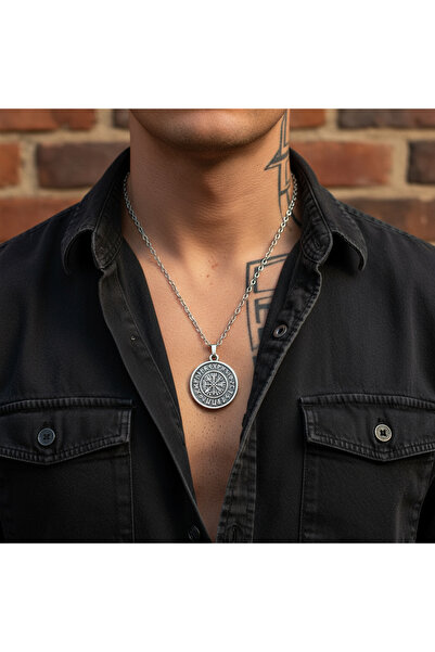 Alooya Vegvisir Viking Pusula Gümüş Kaplama Düz Zincir Kolye