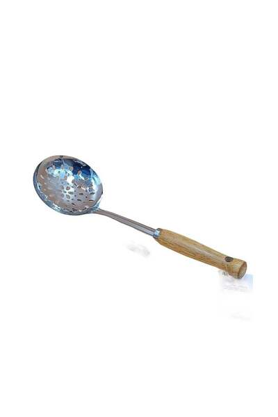 GENERIC4 ملعقة قلي وسكب مشقوقة - من الفولاذ المقاوم للصدأ بمقبض خشبي