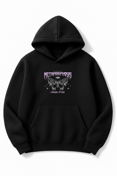 Altair Tr سويت شيرت أسود قصة فضفاضة للجنسين ميتامورفوسيس مطبوع بغطاء رأس