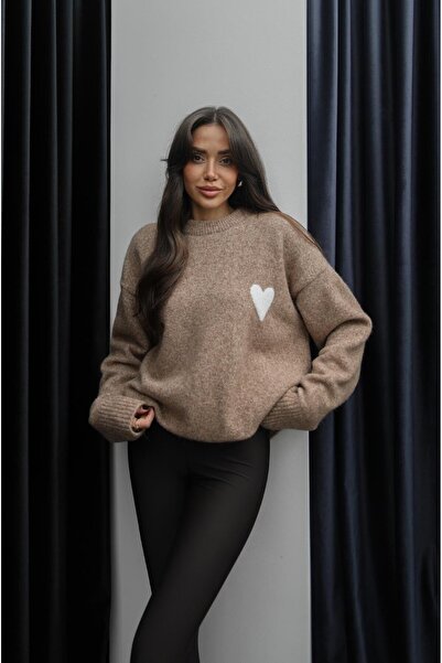 Havoş Sötétbézs szív mintás, puha textúrájú pulóver