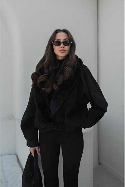 Havoş Black Plush Fur Collar Coat