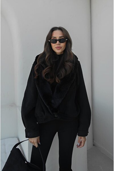 Havoş Black Plush Fur Collar Coat