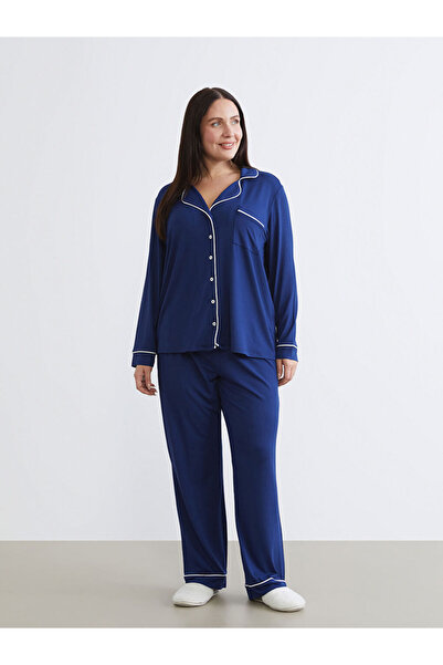 LC Waikiki Navy Blue Plus Size Shirt Collar Women's Pajama Set