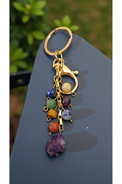 arzela سلسلة مفاتيح من الحجر الطبيعي للشاكرا مع سلسلة فولاذية، حجر مقطوع بزاو...