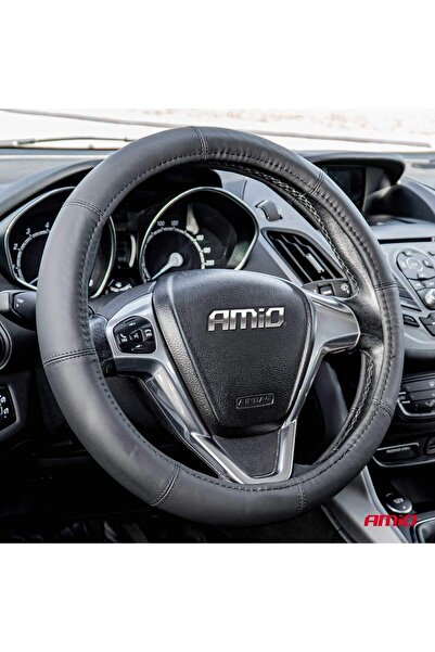 AMIO Genuine Leather Steering Wheel Cover, Black color, size M (steering wheel 37-39cm) AVX-AM03546