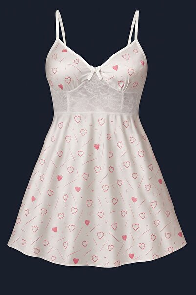 TREN Cute Heart Pattern Lace Nightdress for Women Sleepwear Cami Strap Summer Night Dress Homewear