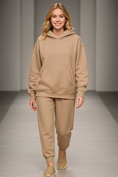 LiyAdaCo Φούτερ - Φούτερ με κουκούλα Unisex Beige Plain oversized 3 Thread K ...