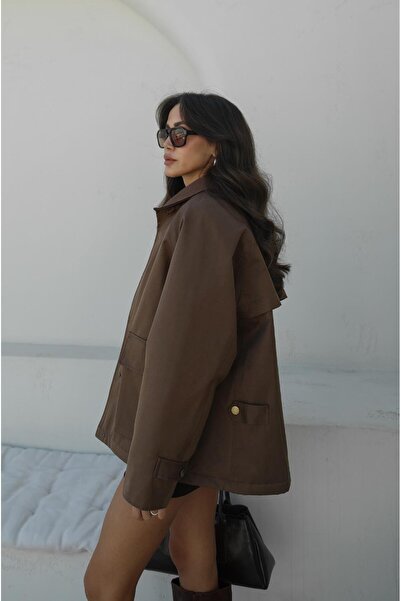 Havoş Açık Kahve Önü Çıtçıtlı Kadife Yaka Mont