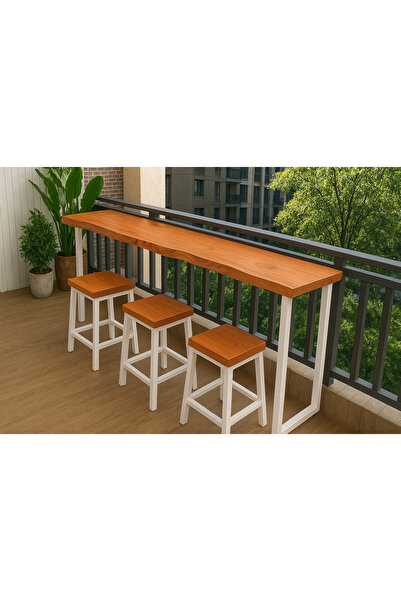 MODERN LİFEE 2 TABURE + 140 X 40 X 100 DOĞAL AHŞAP DOĞAL KENAR BAR/KAHVE KÖŞESİ