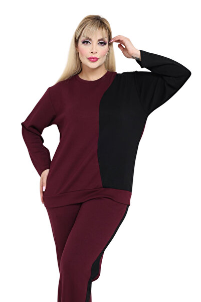 MELSAY Γυναικείο Σετ Φόρμας Μεγάλου Μεγέθους Βουργουνδί-Μαύρο συνδυασμός υφασμάτων Modal