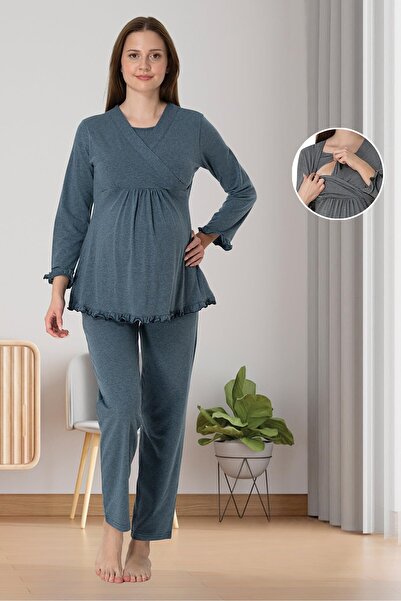 BLACKMORE Women's Anthracite Double-Breasted Nursing-Friendly Cotton Maternity Pajama Set