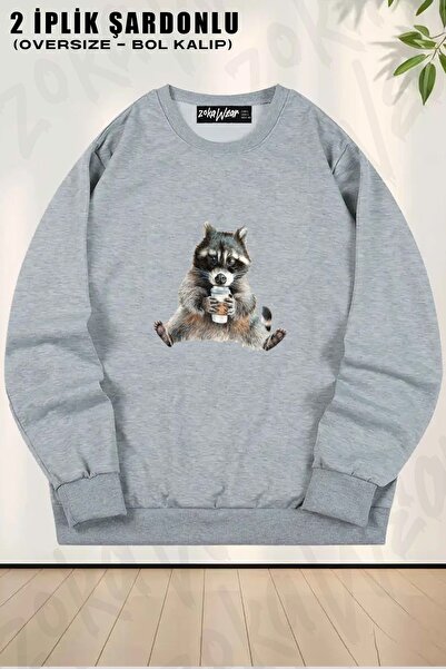 ZOKAWEAR Унисекс суитшърт с принт на енот и широка яка