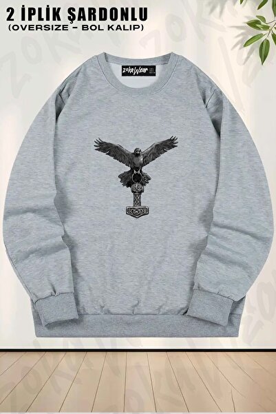 ZOKAWEAR Unisex Raven with Thor Mjolnir Hammer Vikings Printed Oversized Crew Neck Sweatshirt