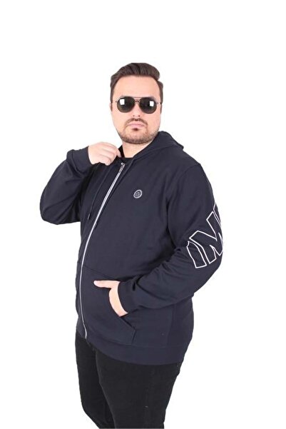 Starbattal Large Size Hooded Zippered Sweat Double Face Ossi 25705 Dark Blue