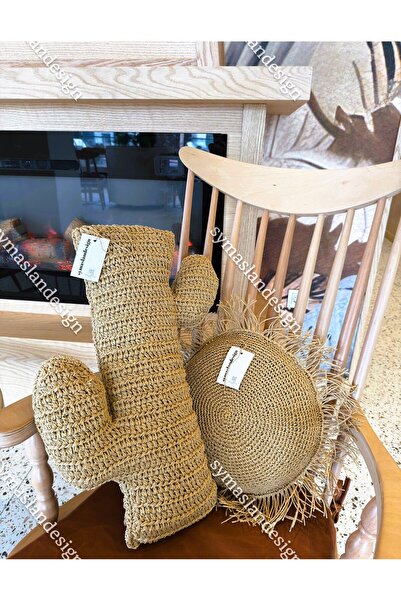 symaslandesign Kaktüs kırlent, hasır örgü yastık , bohem kırlent