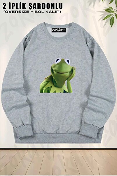 ZOKAWEAR سويت شيرت كيرميت مطبوع قصة فضفاضة برقبة دائرية للجنسين