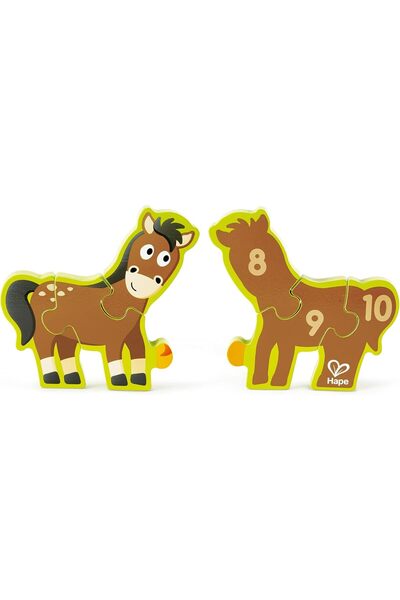 Hape Double-Sided Numbers & Farm Animal Wooden Puzzle, 10 Pieces, Multicolor