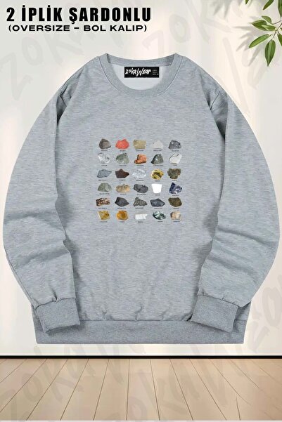 ZOKAWEAR Unisex Gems and Crystals Ores Printed Oversized Crew Neck Sweatshirt