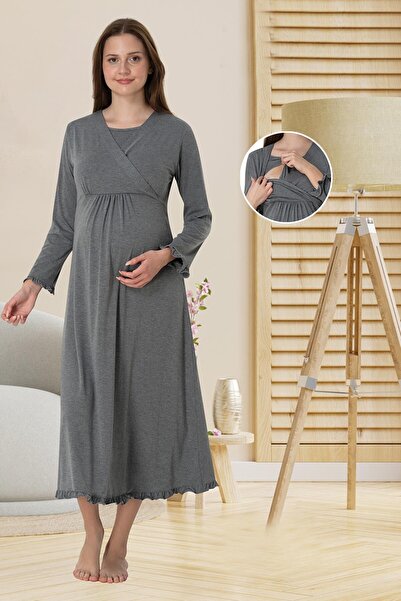 BLACKMORE Women's Smoked Double-Breasted Nursing-Friendly Cotton Maternity Nightgown
