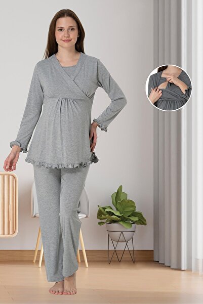 BLACKMORE Women's Gray Double-Breasted Nursing-Friendly Cotton Maternity Pajama Set