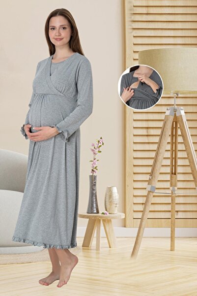 BLACKMORE Women's Gray Double-Breasted Nursing-Friendly Cotton Maternity Nightgown