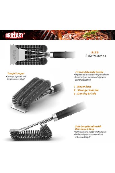 grillart فرشاة ومكشطة شواء بمقبض فاخر BR-8529 - فرشاة سلكية آمنة للأشعة تحت ا...