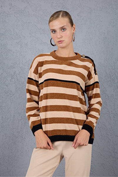 Moda Days Pulover tricotat cu dungi din catifea chenille, culoare maro-crem, ...