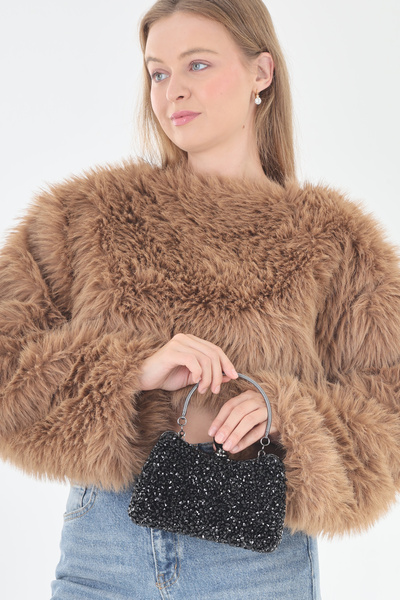 By EDUU Stone Detailed Handle and Strap Stone Covered Black Evening Dress Bag