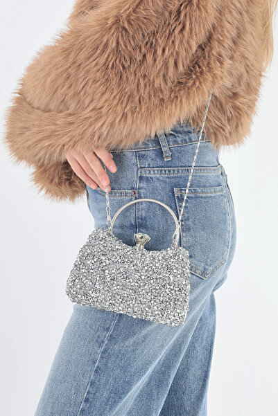 By EDUU Stone Detailed Handle and Strap Stone Covered Silver Evening Dress Bag