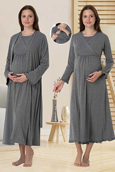 BLACKMORE Women's Smoked Double-Breasted Nursing-Friendly Cotton Maternity Nightgown-Dressing Gown Set of 2