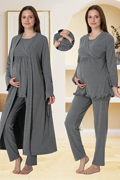 BLACKMORE Women's Smoked Double-Breasted Nursing-Friendly Cotton Maternity Pajama Set with Dressing Gown, 3-Piece Set