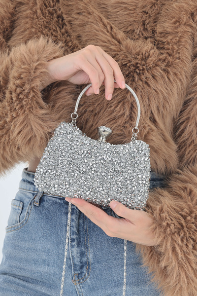 By EDUU Stone Detailed Handle and Strap Stone Covered Silver Evening Dress Bag