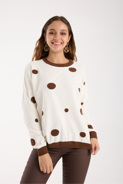 Moda Days Women's White Polka Dot Chenille Velvet Crew Neck Knitwear Sweater