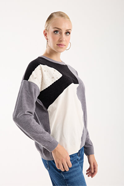 Moda Days Women's Gray Chenille Velvet Color Block Stone Detailed Crew Neck Knitwear Sweater