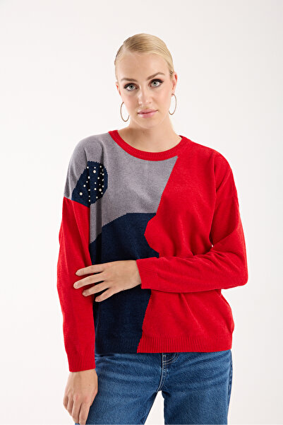Moda Days Women's Red Chenille Velvet Color Block Stone Detailed Crew Neck Knitwear Sweater