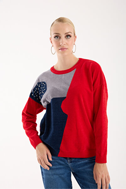 Moda Days Women's Red Chenille Velvet Color Block Stone Detailed Crew Neck Knitwear Sweater