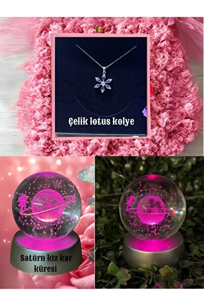 Le Manolia Accessories KARARMAZ ÇELİK MOR LOTUS KOLYE ,AYICIK VE satürn küre öğretmenler günü hediye