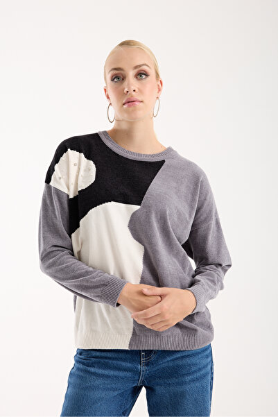 Moda Days Women's Gray Chenille Velvet Color Block Stone Detailed Crew Neck Knitwear Sweater