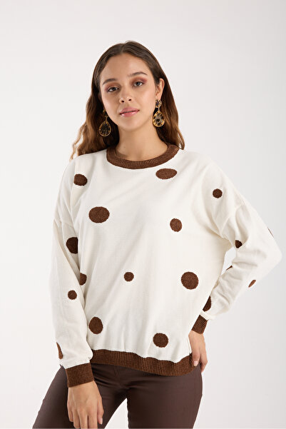 Moda Days Women's White Polka Dot Chenille Velvet Crew Neck Knitwear Sweater