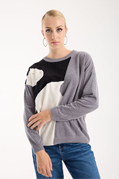 Moda Days Women's Gray Chenille Velvet Color Block Stone Detailed Crew Neck Knitwear Sweater