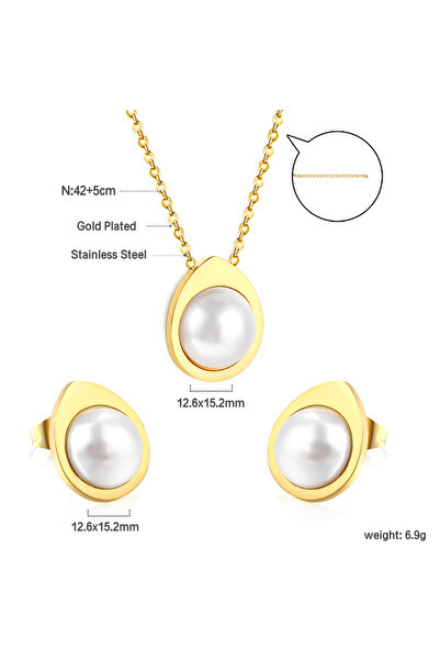 Choice 16 Retro Pearl Stainless Steel Earring Necklace Set Cubic Zirconia Gold Plated Jewelry Sets For Wome
