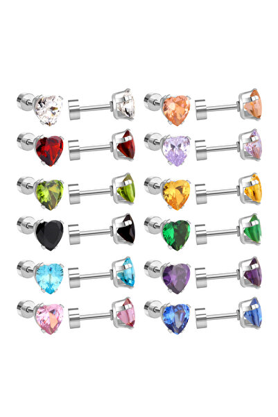 Choice 6MM 60230S LUXUKISSKIDS 12pairs/Lots 6MM Heart Stainless Steel Earrings Cubic Zirconia Screw Pack Mu