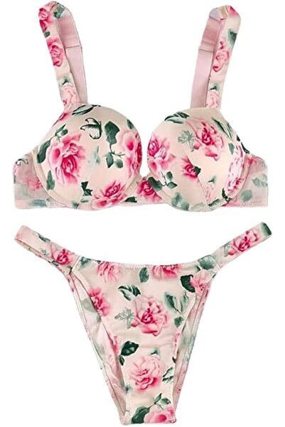 Margoun طقم حمالة صدر نسائية بطبعة وردة، ملابس داخلية مثيرة، طقم بيكيني مكون ...