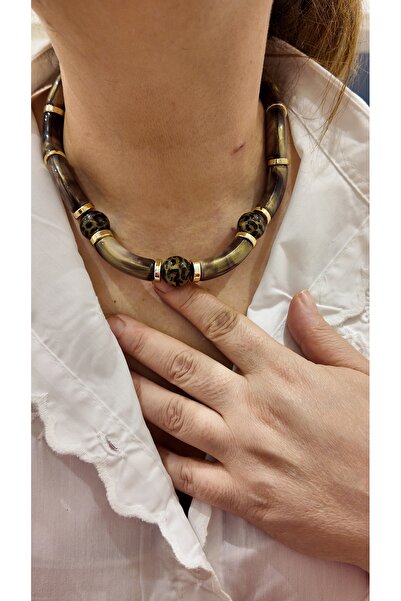 By Selen Suyolcu Bone Leopard Patterned Women's Necklace with Gold Detail