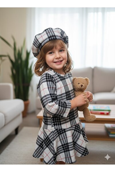 Şimo Butik Kız Çocuk Kısa Elbise Şapka Takım Oduncu Kışlık Dar Kalıp Esnek Değil Beyaz